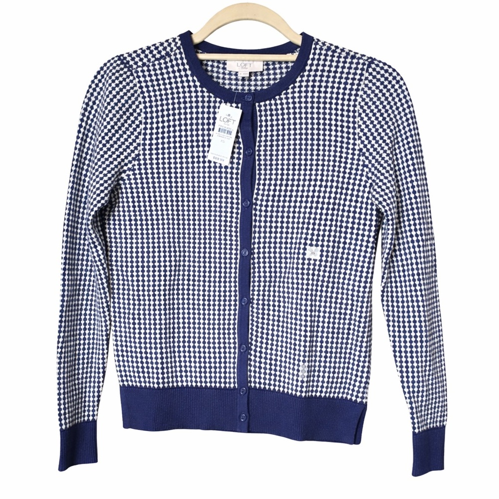 LOFT Navy and Cream Houndstooth Cardigan